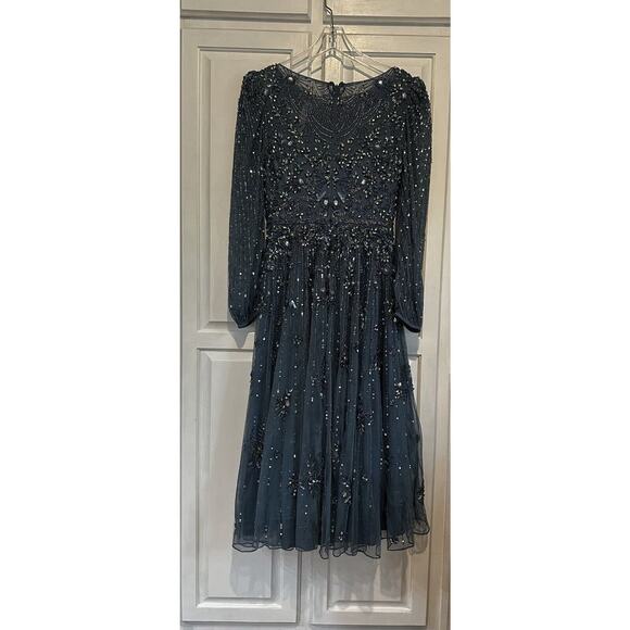 NWT Mac Duggal High Neck Size 6 Floral Embellished Puff Long Sleeve Midi Dress - Picture 10 of 16